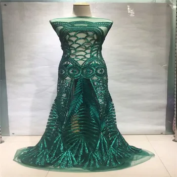 

Green Color Sequined Tulle Lace Fabric 2018 New Design Evening Dress Net Fabrics French African Net Sequins Lace HJ981-2