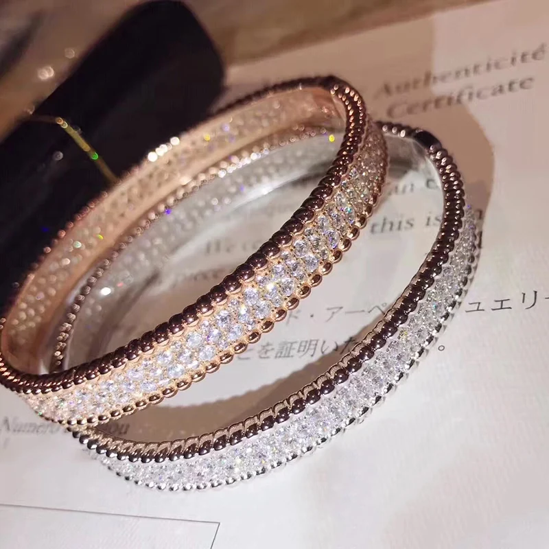 

Brand Pure 925 Sterling Silver Jewelry For Women Rose Gold Full Stone Bangle Rose Gold Beads Bangle Wedding Jewelry Easy Lock