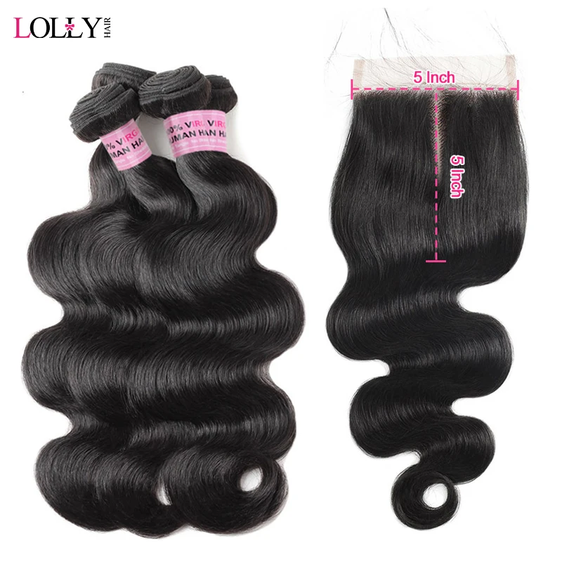 Lolly Hair Mongolian Body Wave Bundles With Closure 3 Bundles With Closure Free Part Human Hair Bundles With Closure 5X5 Inch