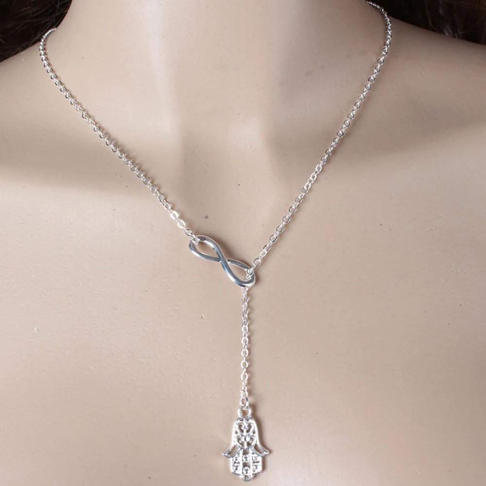 

Hamsa Hand of Fatima Pendant Simple Women 8 Shape Infinity Thin Short Necklace