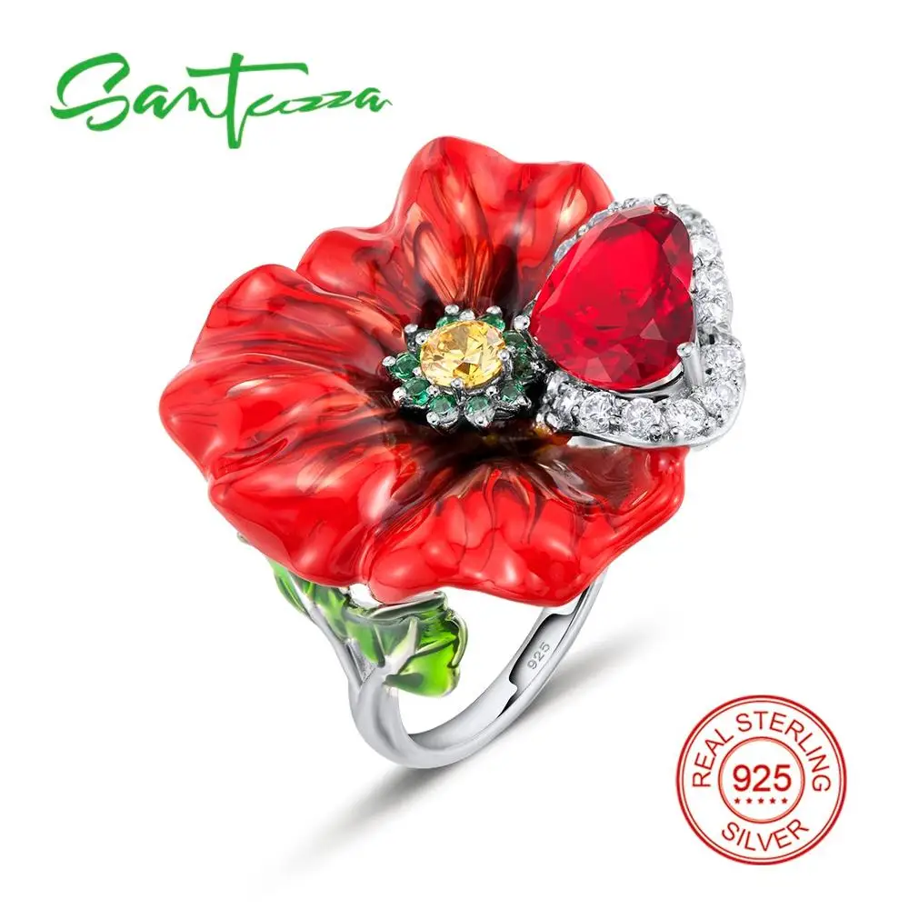 SANTUZZA, серебряные кольца в виде цветка для женщин, 925 пробы, серебро, креативное кольцо в виде красной розы, модное ювелирное изделие ручной работы, эмаль