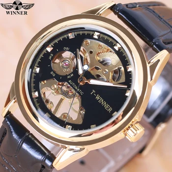 

2018 new hot sale skeleton hollow fashion mechanical hand wind men luxury male business leather strap Wrist Watch relogio