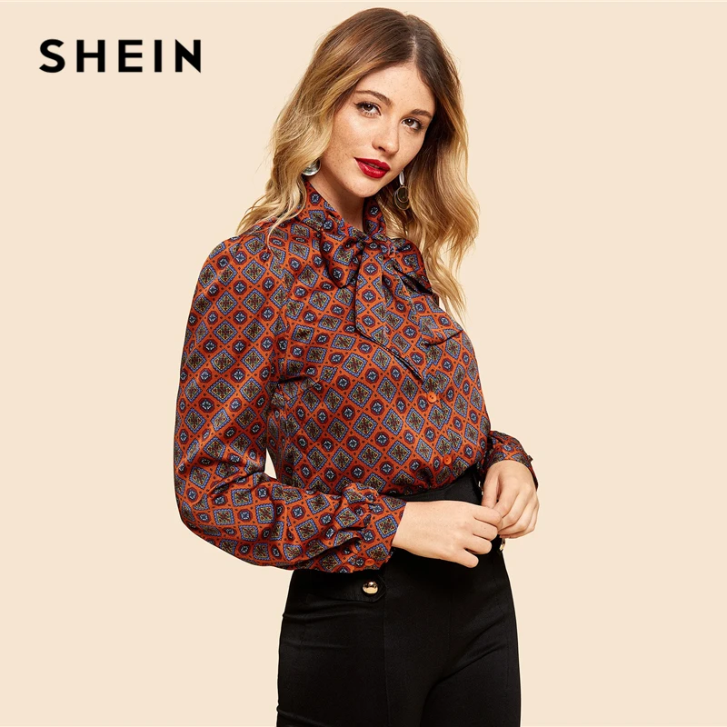 SHEIN Нарядная Блузка С Винтажным Принтом И Бантом, Офисная Блузка С Длинным Рукавом