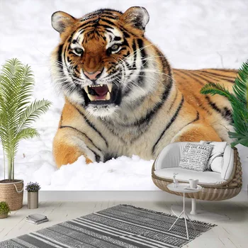

Else White Snow Brown Black Lines Wild Tiger 3d Photo Cleanable Fabric Mural Home Decor living Room Bedroom Background Wallpaper