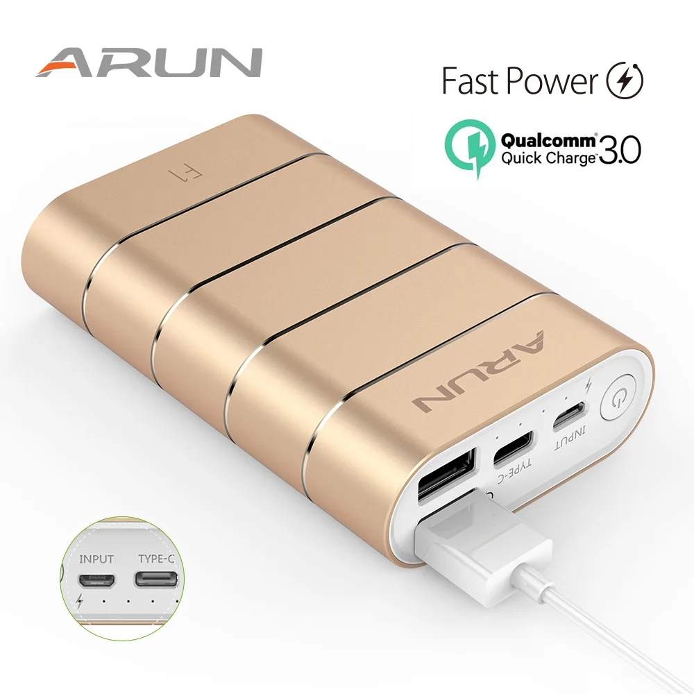 

ARUN 10000 mAh Power Bank QC3.0 Intelligent Type-c External Battery 2 USB Portable Mobile Charger For Xiaomi iPhone X Huawei