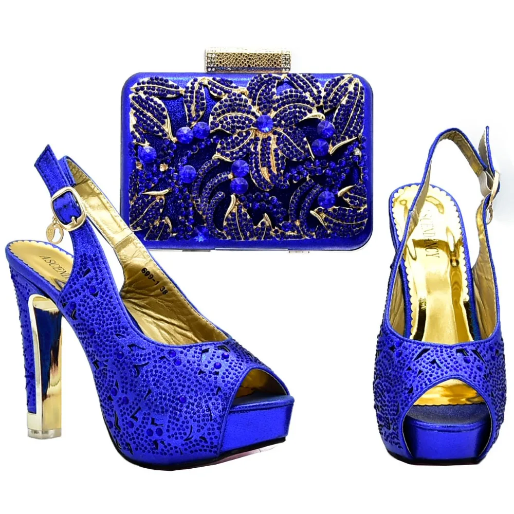 

High heel 4.7 inches shoes and clutches bag with many rhinestones in royal blue for african aso ebi wedding shoe bag SB8128-2