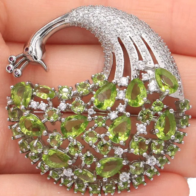 

SheCrown New Arrival Peacock 14.1g Green Peridot White CZ Ladies Gift Silver Brooch 43x42mm