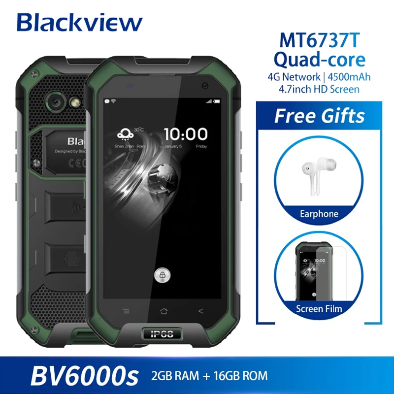 

Blackview BV6000S Mobile Phone Android 6.0 MTK6737 Quad Core 2G+16GB 13MP IP68 Waterproof 4.7 Inch 4G LTE Smartphone NFC 4500mAh