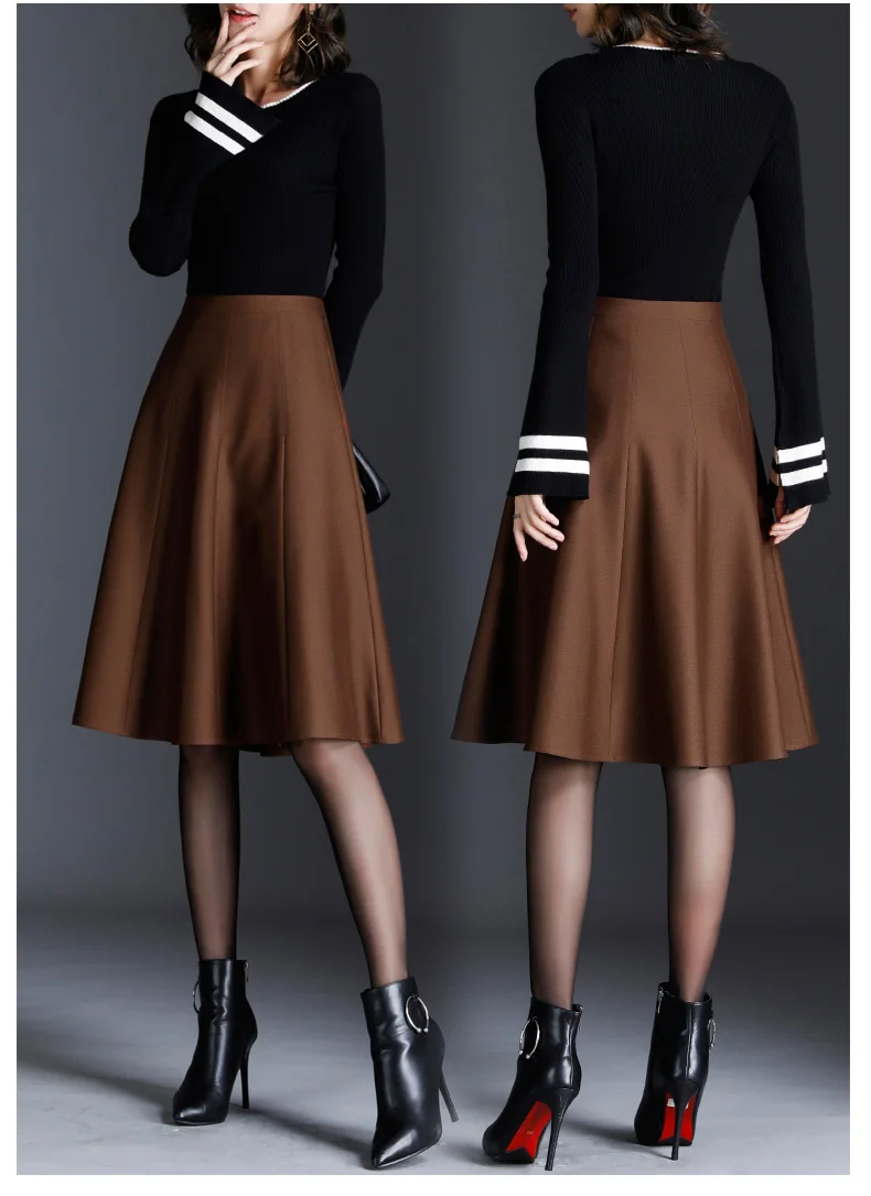 Осенне-зимняя женская шерстяная юбка, новинка, модная черная коричневая трапециевидная плиссированная юбка с высокой талией, S-3XL юбка для офисных леди