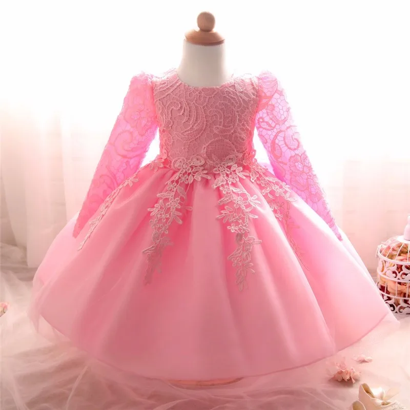 Long Sleeve White Baptism Dresses Baby Girls 1 Year Birthday Wear Toddler Flower Christening Ball Gown Dresses for Girls 12 24M - Цвет: as picture