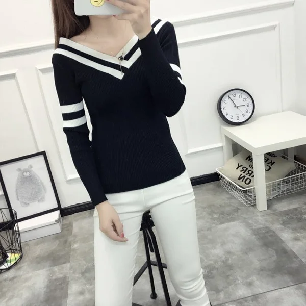 New Autumn Winter Woman's Sweater Bottoming Pullovers Slim Sweaters V Neck Sexy Long Sleeves Sweaters Black white Striped - Цвет: Black