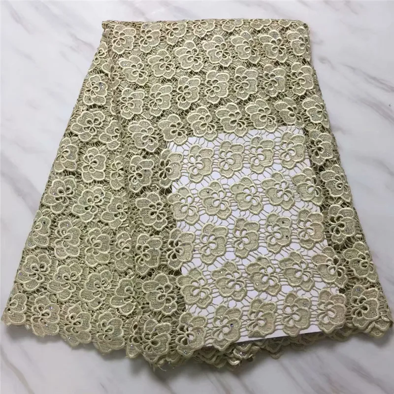 

HFX Plain Color Latest Embroidery African Lace Guipure Lace Fabric Champagne Gold Swiss Cord Lace Fabric With Stones X1105-1
