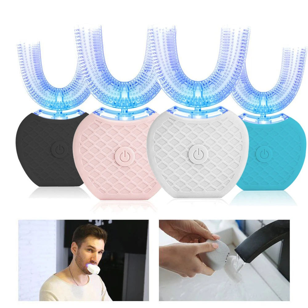 

360 Degree Rechargeable U type Automatic Electric Toothbrush With Transparent Silicone Brush Head 4 Modes Blue Cold Whiten Teeth
