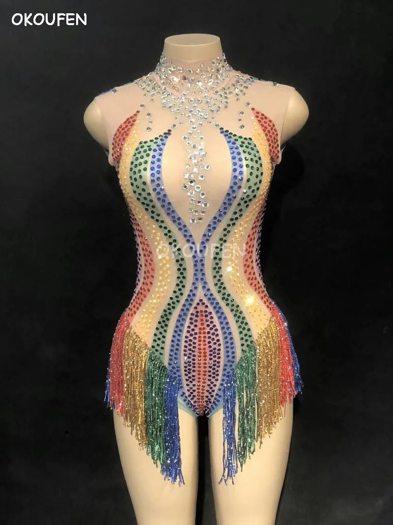

Nightclub female singer colorful diamond mesh Tassel Short Skirt Jumpsuit Stage adult costume