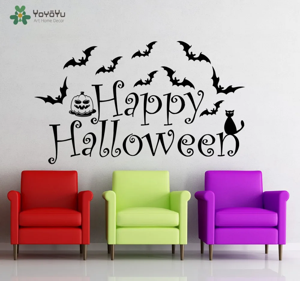 

Wall Decal Vinyl Sticker Happy Halloween Festival Bats Home Decor Art Decoration Removable Window Living Room Party Mural WW-384