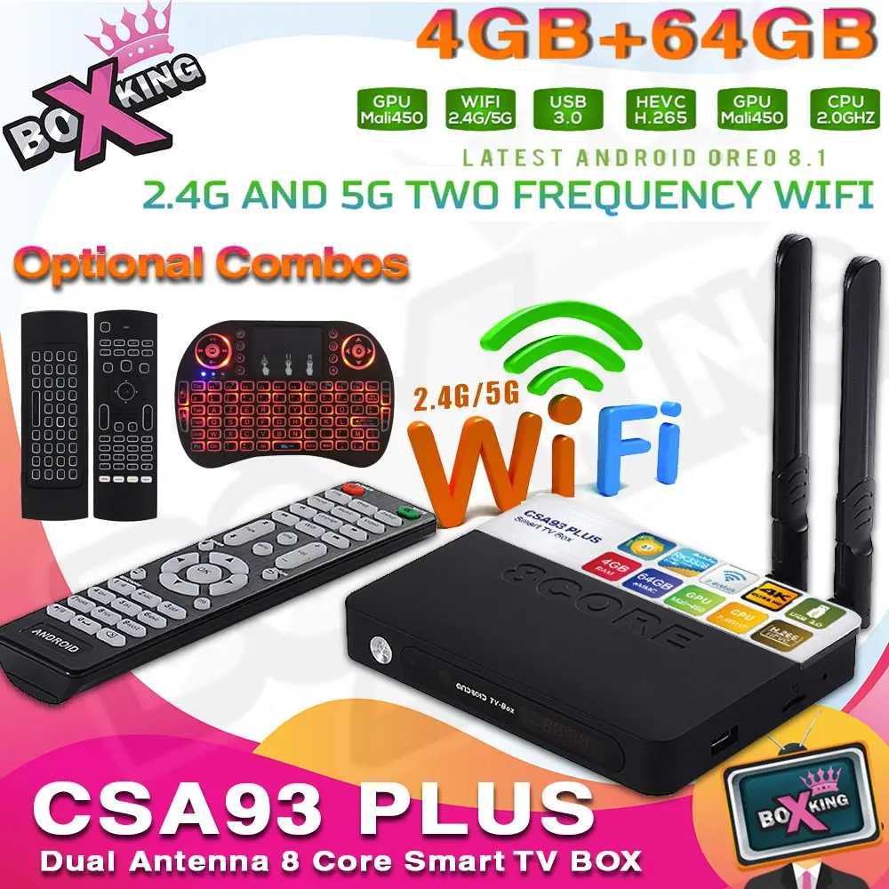 

CSA93 Plus 4GB 64GB Android 8.1 TV Box Quad Core 4K Smart Tv DUAL ANTENNA 2.4G / 5G WiFi USB 3.0 Bluetooth 4.0 Set Top Box