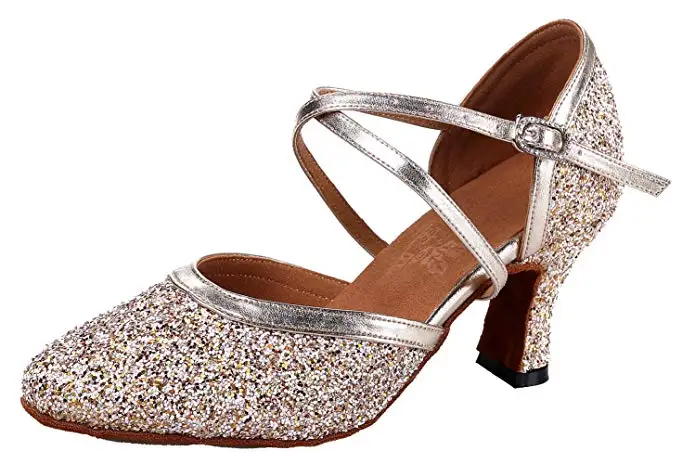 missfiona Glitter Ballroom Dance Shoes Women Latin Salsa Tango Dance Heels with Y-Strap 