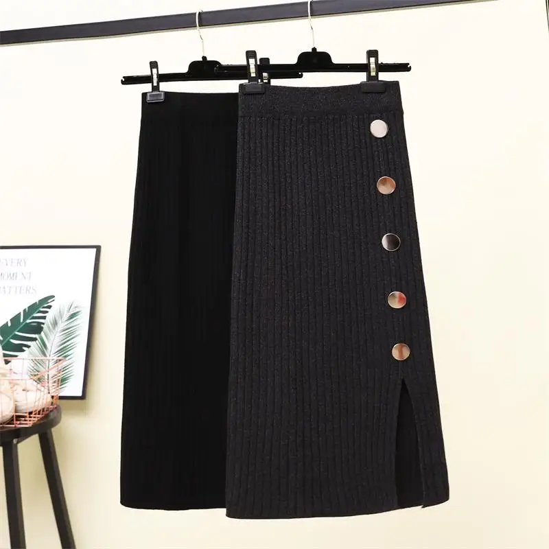 

2018 Vintage elegant Winter Women sweater skirt Elastic High Waist Pleated Midi knitted Skirt A-line female solid thick Skirts
