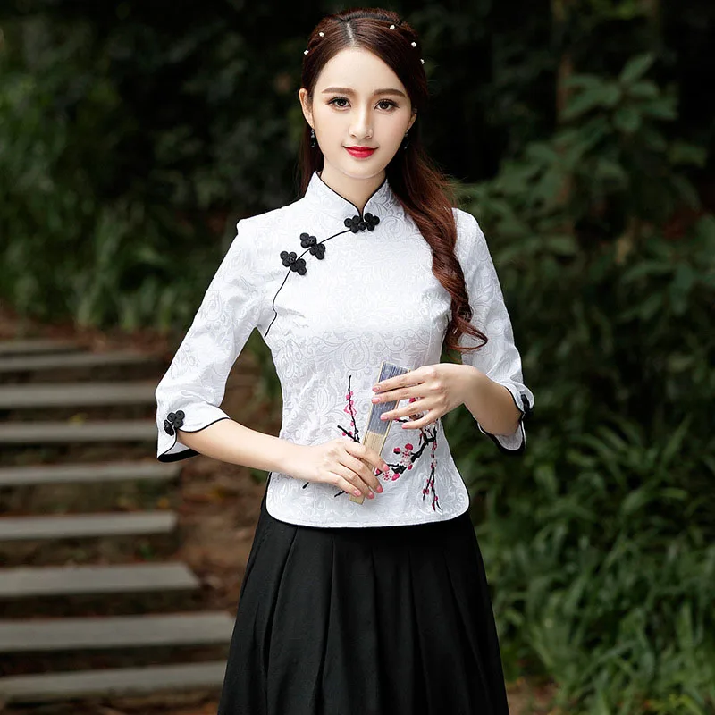 Women Chinese Shirt HanFu Wu Tang White Cotton Printing Plue Size Top Half sleeve