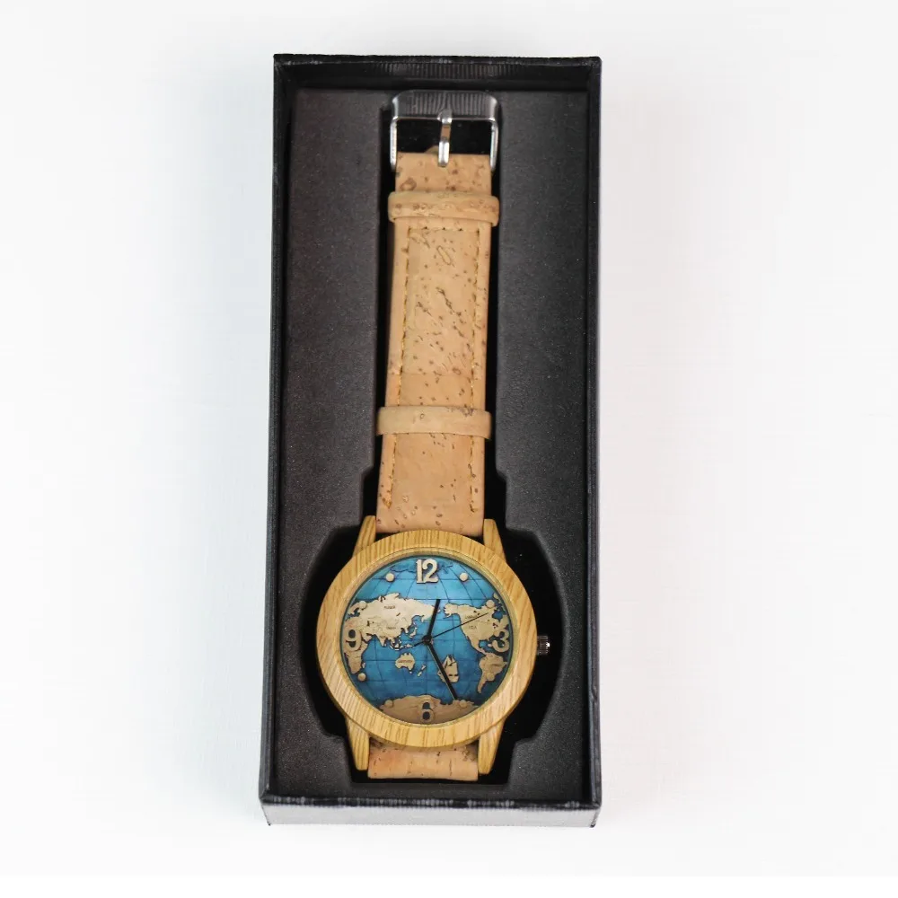 

World map watch with cork strap unisex Quartz with watch box From PORTUGAL wood color watch WA-99