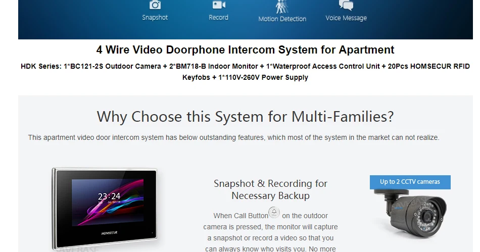 HOMSECUR видеодомофон с записью и снимком для 2 квартиры+ блок питания+ блок контроля доступа