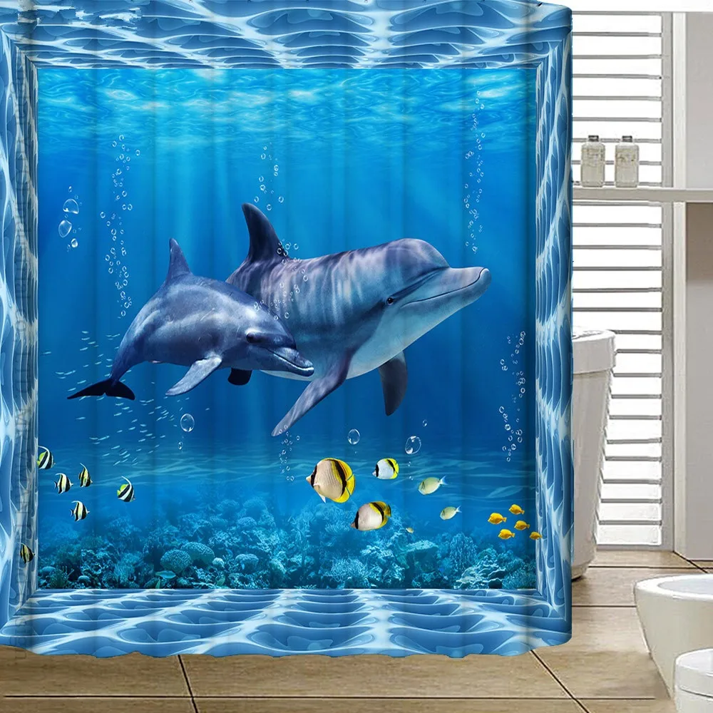 

71*71 Inch Bathroom Waterproof Washable Dolphin Printed Shower Curtains with 12 Hooks