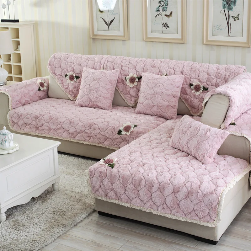 

Winter Solid Pink Floral Flocked Fabric Sofa Cover Armrest Backrest Sofa Towel Cushion For Sectional Sofa Home Decoration