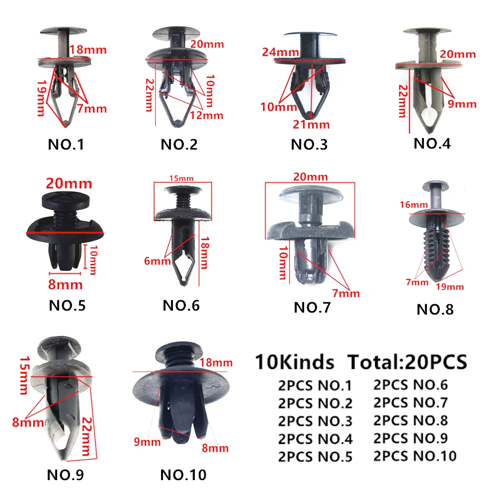 20 шт. смешанные универсальные 5 мм 6 мм 7 мм 8 мм 9 мм 10 мм отверстия пластиковые крепежные зажимы для всех автомобилей винтовые заклепки