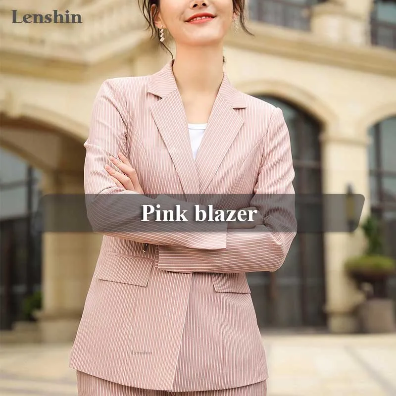 Lenshin, мягкая и удобная Высококачественная куртка в полоску с карманом, офисный стиль, повседневный стиль, блейзер, женская одежда, пальто на одной пуговице - Цвет: Розовый