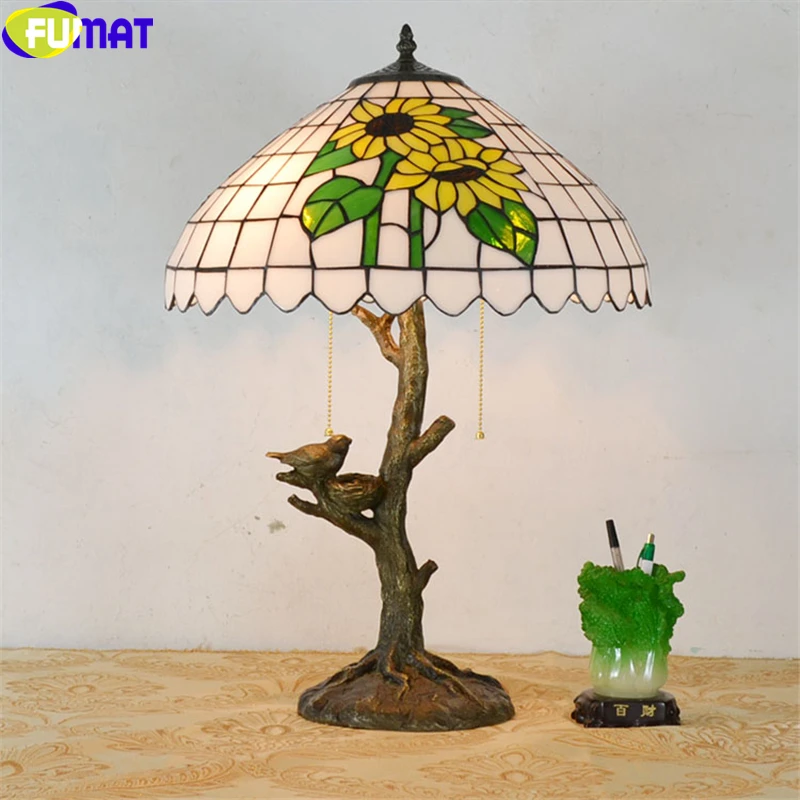 8006 FUMAT Tiffany Stained Glass Deco Table Lamps Bird Nest Tree Sunflower Cow Desk Lights Decorative LED lamps_副本