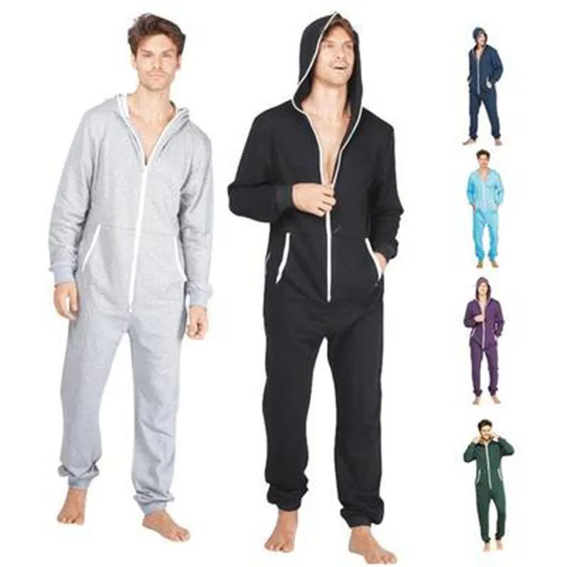 Centuryestar для мужчин пижамы костюм Твердые Combinaison Пижама с капюшоном на молнии Pijama Hombre Una Pieza взрослых Onesie S-XXL черный серый