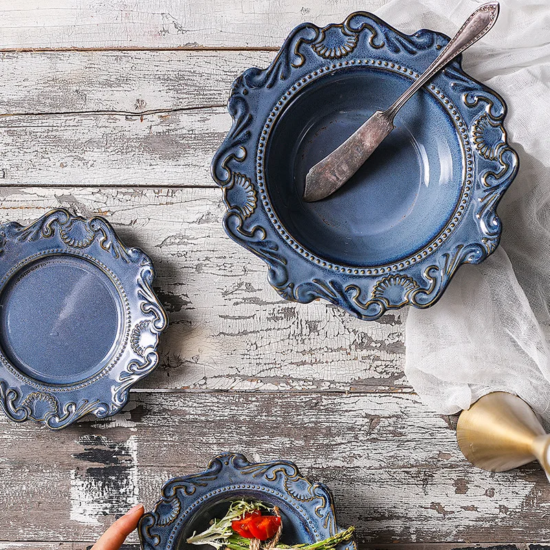 1 компл. Барокко рельеф керамическая Западная глубокая тарелка салат Пастель блюда Западная еда посуда Творческий синий и белый шляпа тарелки