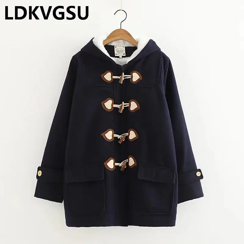 navy blue wool coat Шерстяное пальто с длинным отложным воротником и пуговица из рога капюшон шерстяное пальто с широкой талией Женская верхняя одежда зимние пальто Is790 - Цвет: navy blue wool coat