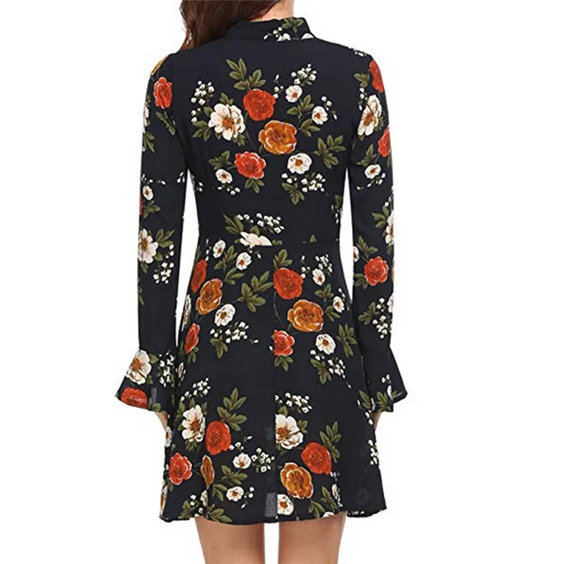 Fashion Autumn summer dress 2018 casual Flare elegant dress Long Sleeve O-Neck Floral Printed Mini party Dress vestido A27#N (2)
