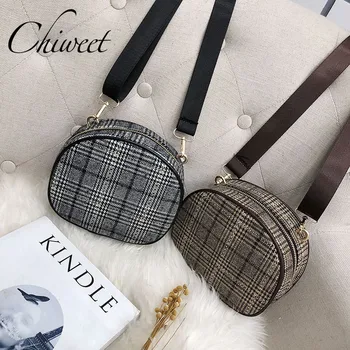 

Trendy Fashion Wool Plaid Women Bag Brand Vintage Small Round Handbag Chic Wide Shoulder Strap Bag Casual Female Messenger Bags
