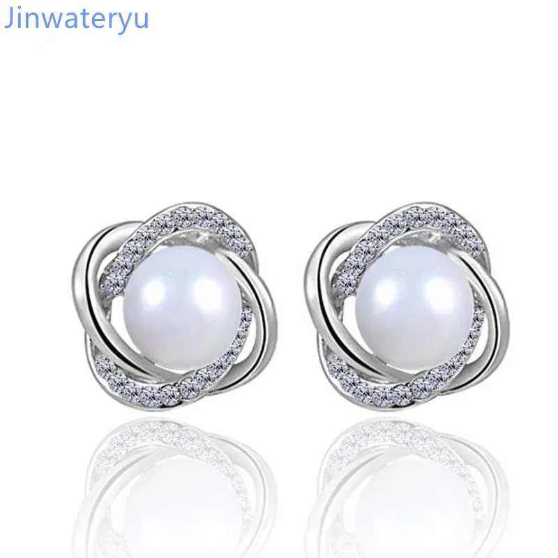 

Jinwateryu 925 sterling Silver Stud Earrings for Christmas presents fine Jewelry pearl earrings with CZ for women girls