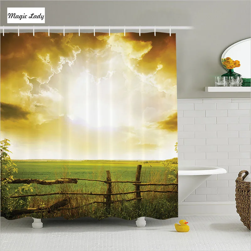 Shower Curtain Bathroom Accessories Farm Nature Sunset Field Summer