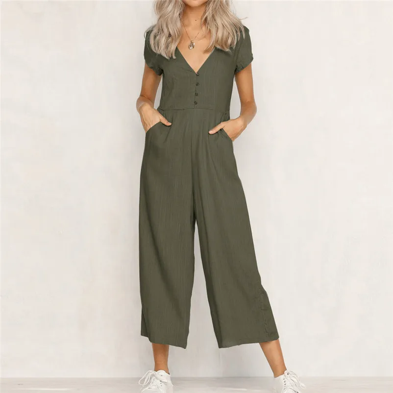 Fashion summer jumpsuit woman 2018 V-Neck Short Sleeve Strappy Holiday Long Playsuits Trouser Jumpsuit pantaloni siamesi A03#N (10)
