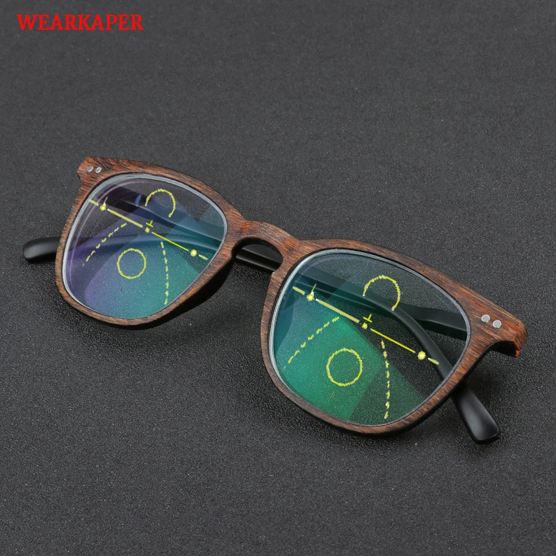 

WEARKAPER Wooden Vintage Multi-focal Progressive Reading Glasses Men Women Presbyopic Eyeglasses with Diopters Gafas de Lectur