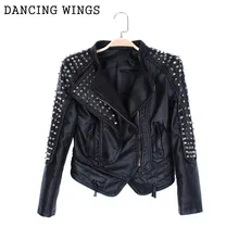 Европейский стиль, женская короткая куртка, модная Осенняя панк куртка из искусственной кожи с металлическими заклепками, черная мотоциклетная куртка