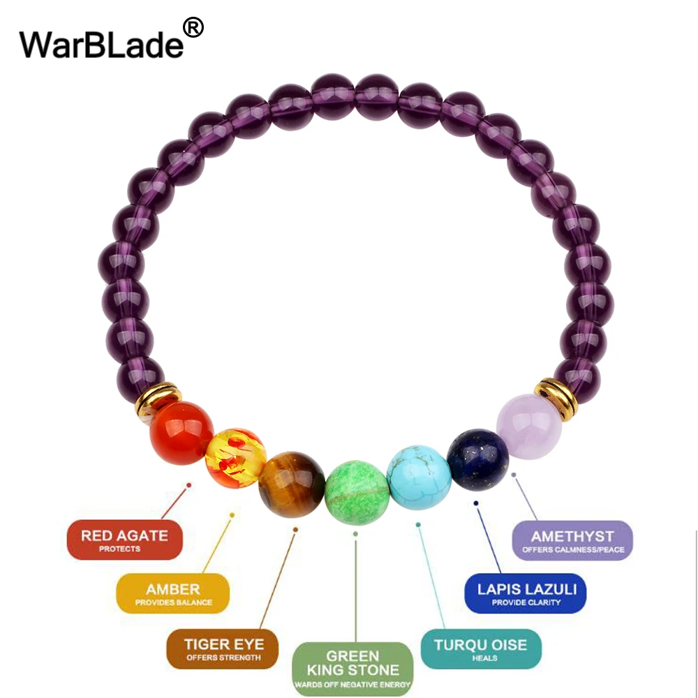 

WarBLade New 7 Reiki Chakra Bracelet Natural Stone 6mm Purple Crystal Beads Bracelets Energy Beads Yoga Wristband For Men Women