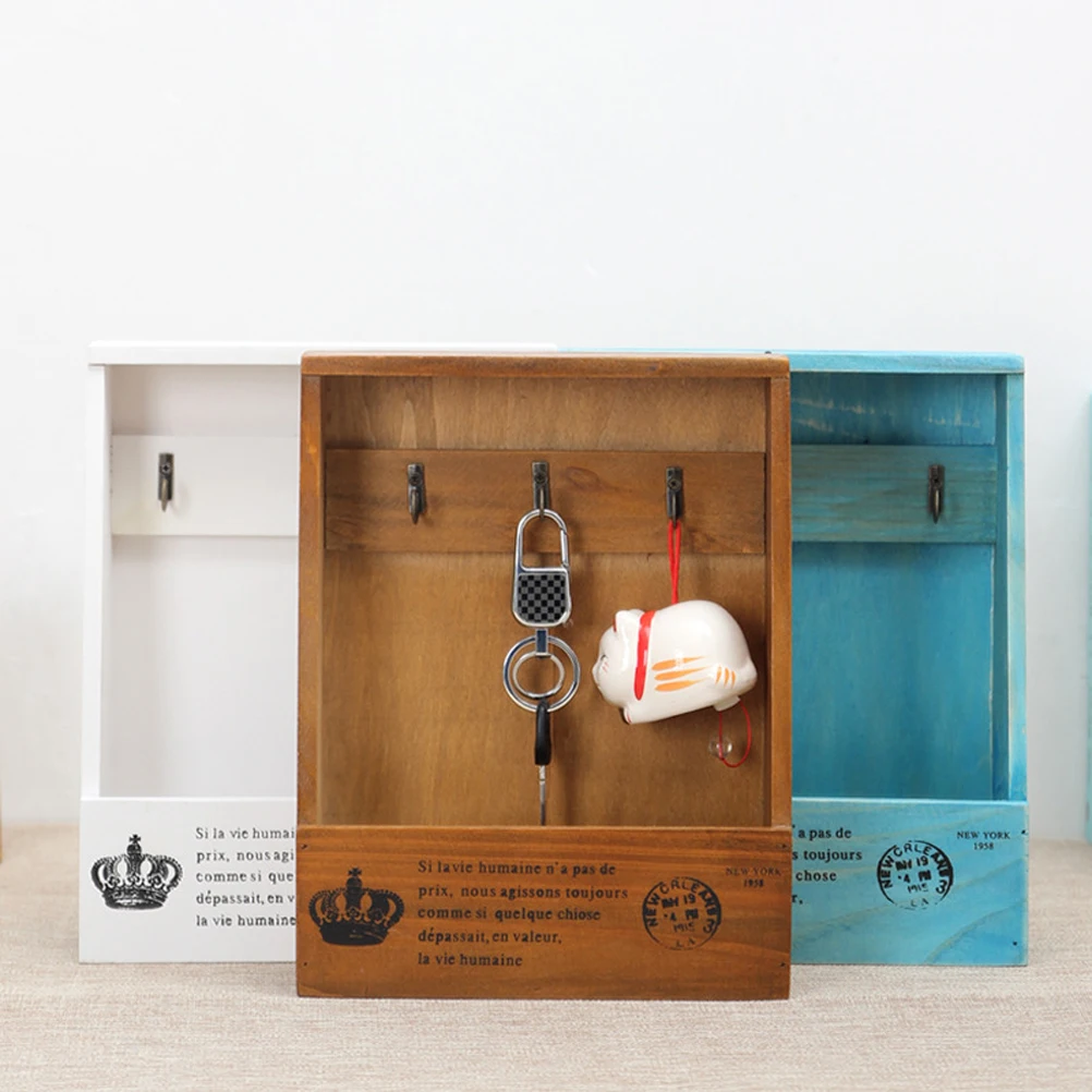 Retro Wall Mounted Wooden Box Organizer Key Hanging Hooks Mail Box Phone Storage Box Small Objects Shelf Hanging Basket