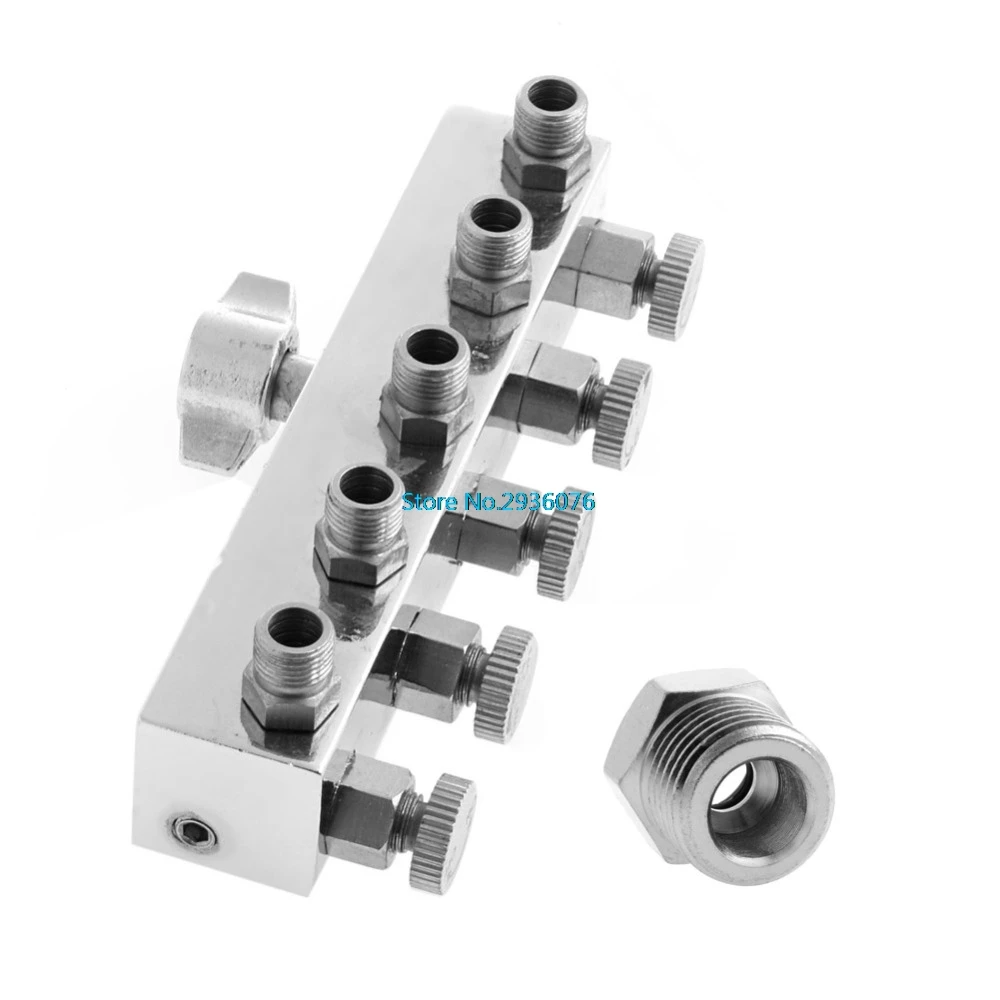 5-Way Airbrush Air Hose Splitter With Regulated Metering Manifold & 1/4 BSP Female Inlet+1/8 BSP Male Air Outlet 5-Way Airbrush Air Hose Splitter With Regulated Metering Manifold & 1/4 BSP Female Inlet+1/8 BSP Male Air Outlet