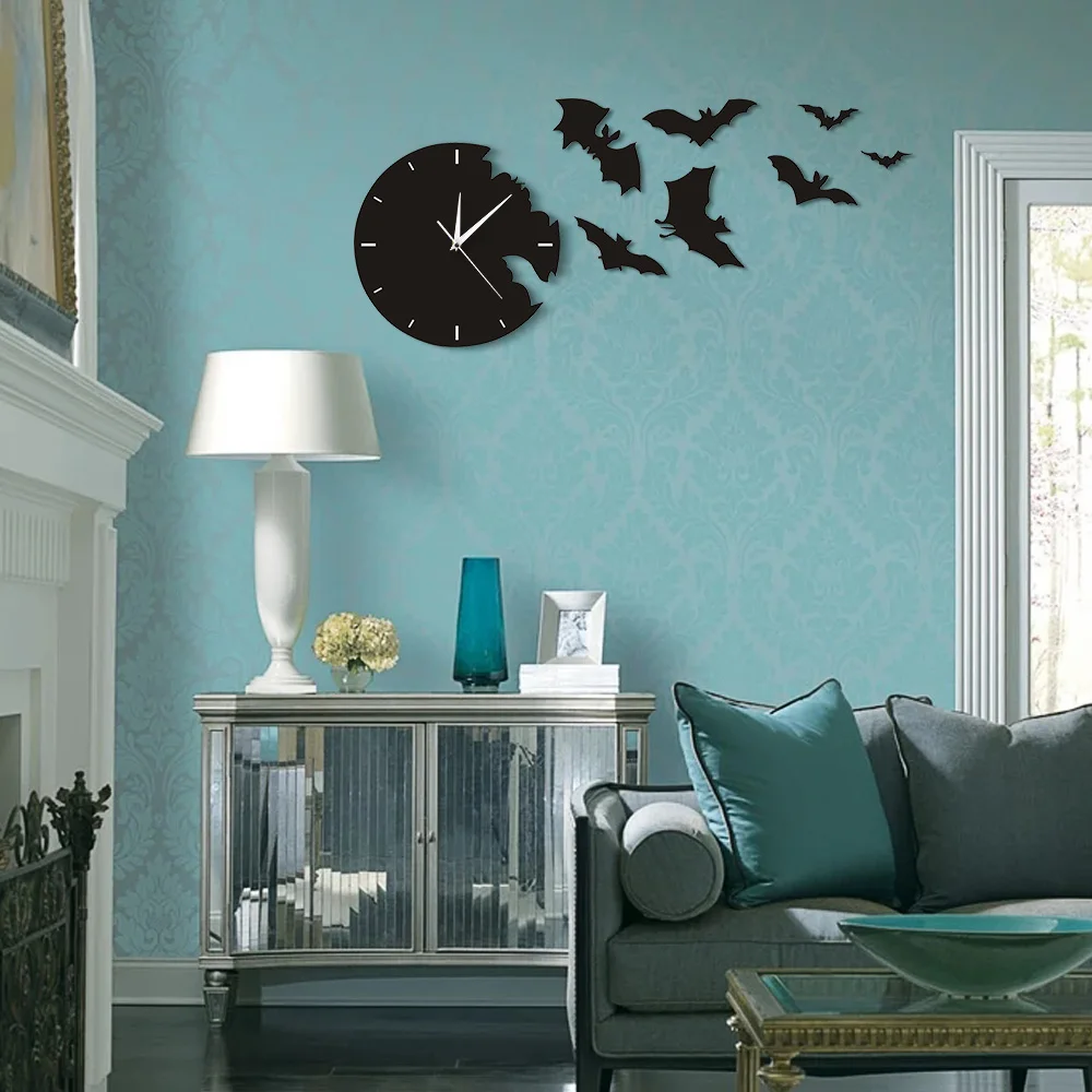 Billige Einer Fledermaus Uhr Von Der Flucht Uhr Halloween Bat Silhouette Wanduhr Scary Bat Symbole Wohnkultur Zeitgenössische Schwarz Wand uhr