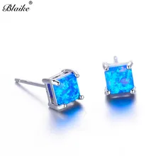Blaike Small Square Blue/White Fire Opal Stud Earrings For Women 925 Sterling Silver Filled Birthstone Earrings Fashion Jewelry