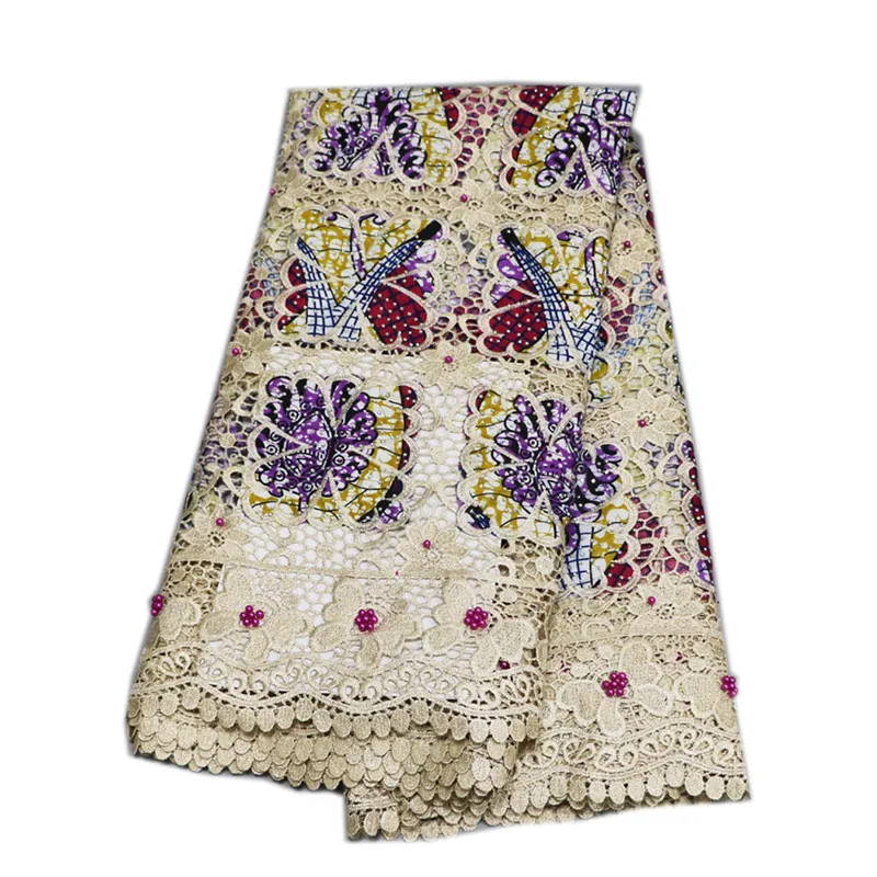 

2018 African Guipure Cotton Wax Fabric High Quality Embroidered Nigerian Ankara Wax Lace Fabric With beads For Wedding HJ896-2
