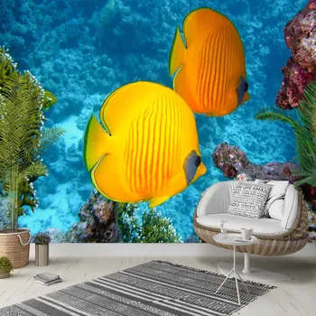 

Else Tropical Blue Under Sea Yellow Fishes 3d Photo Cleanable Fabric Mural Home Decor living Room Bedroom Background Wallpaper