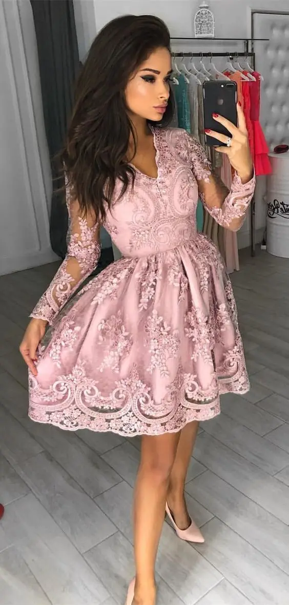 Праздничные Выпускные платья vestido de formatura с v-образным вырезом и длинными рукавами, короткие розовые кружевные платья для выпускного вечера