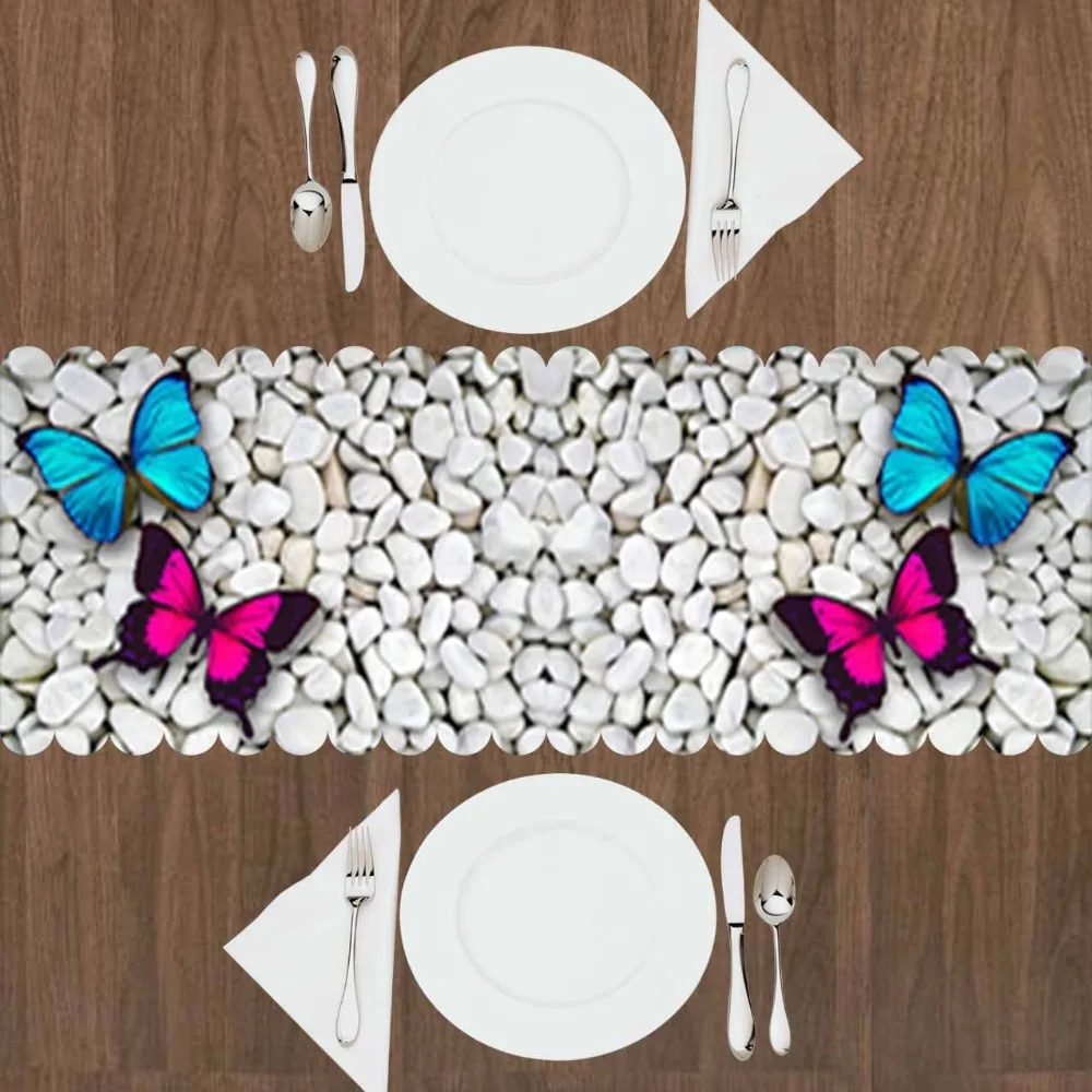 

Else White Gray Pebble Stones Pink Blue Butterfly 3d Print Pattern Modern Table Runner for Kitchen Dining Room Tablecloth