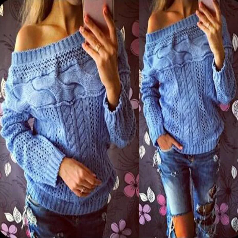 

Women Off Shoulder Sweater 2019 Sexy Casual Autumn Winter Solid Pullover Long Sleeve Knited Sweatershirt Hollow Out Femme Jumper